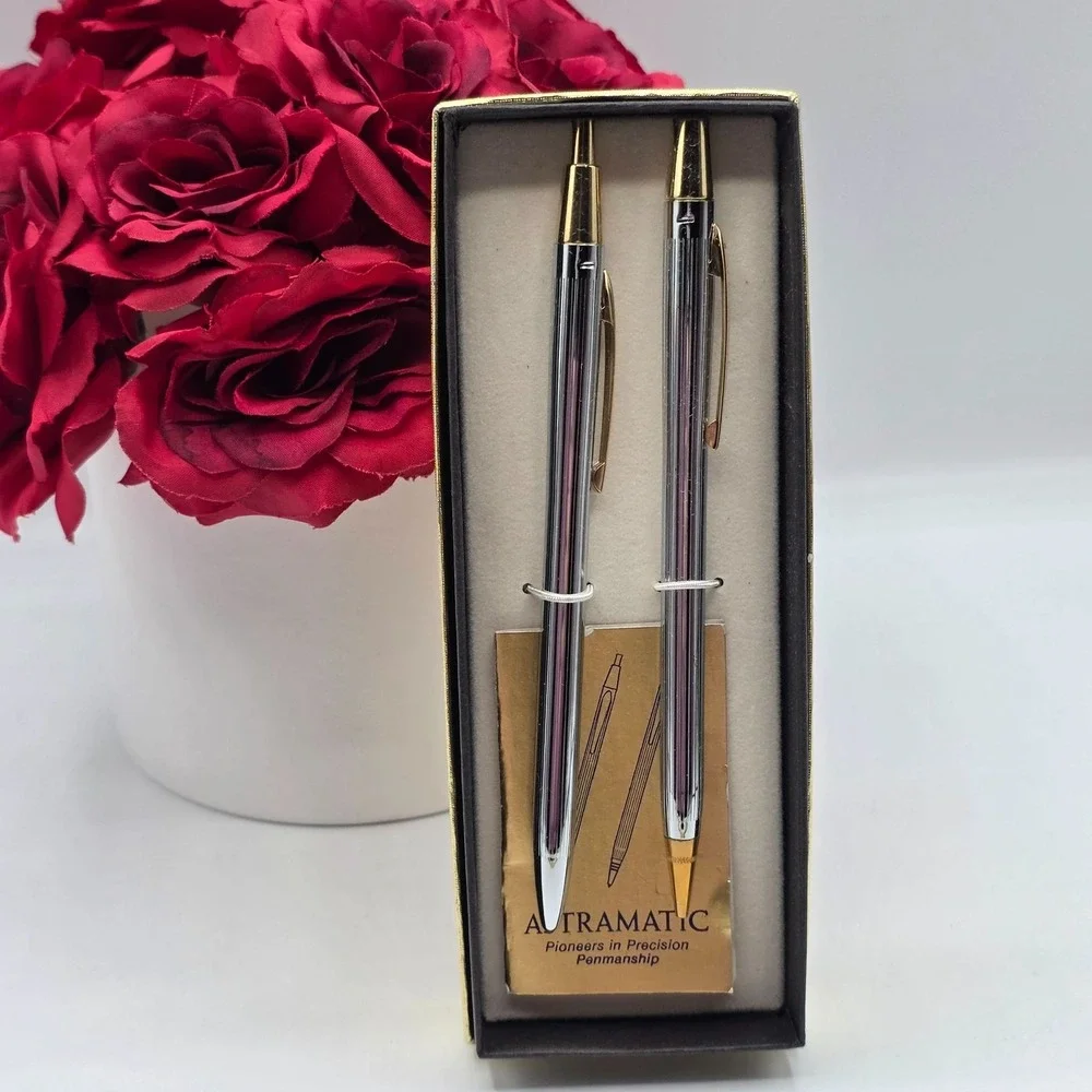 ASTRAMATIC Ballpoint Pens Set Chrome Gold Finish Vintage Penmanship Collection‎